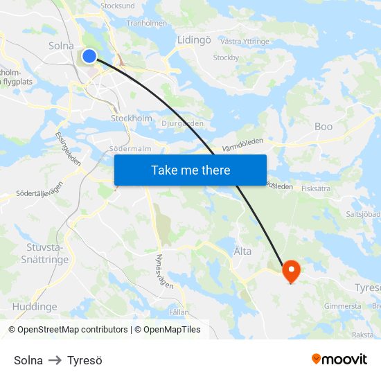 Solna to Tyresö map