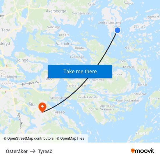 Österåker to Tyresö map