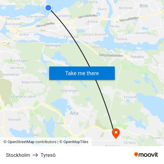 Stockholm to Tyresö map