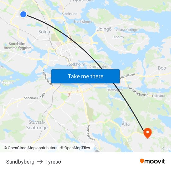 Sundbyberg to Tyresö map