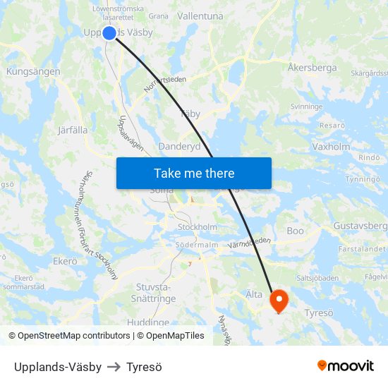 Upplands-Väsby to Tyresö map