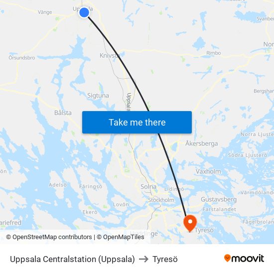 Uppsala Centralstation (Uppsala) to Tyresö map