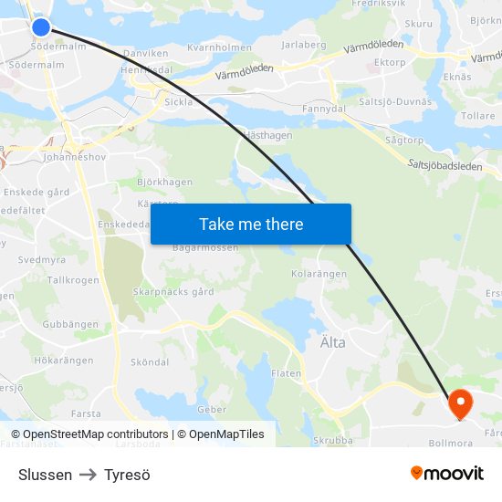 Slussen to Tyresö map