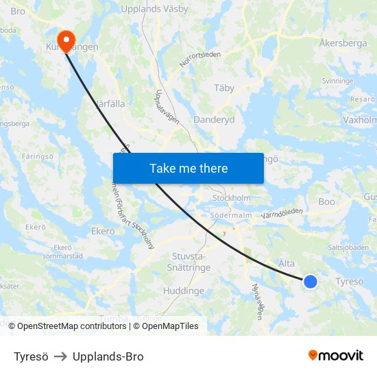 Tyresö to Upplands-Bro map