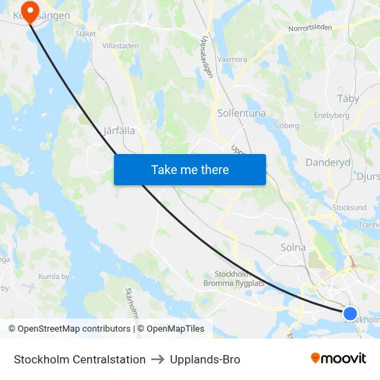 Stockholm Centralstation to Upplands-Bro map