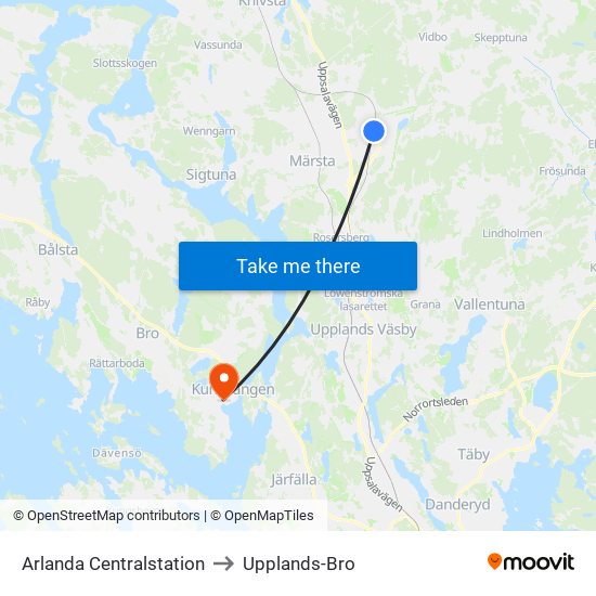 Arlanda Centralstation to Upplands-Bro map