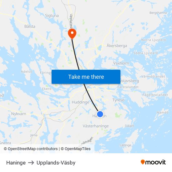 Haninge to Upplands-Väsby map