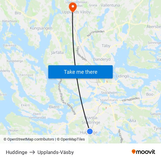 Huddinge to Upplands-Väsby map