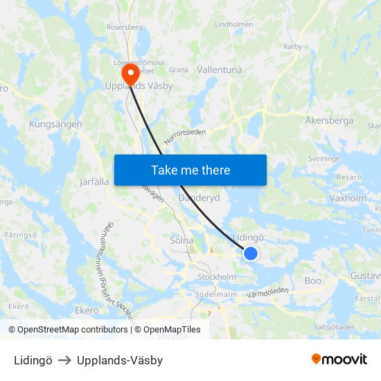 Lidingö to Upplands-Väsby map