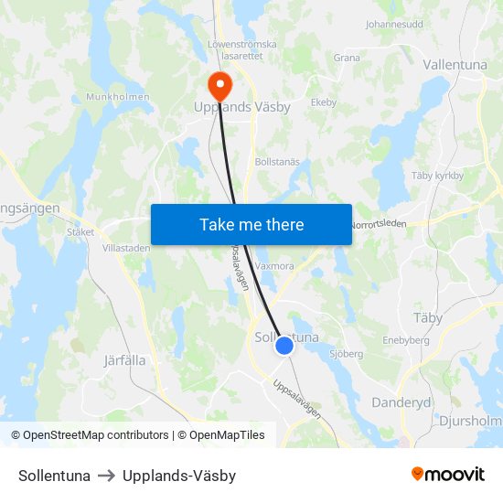 Sollentuna to Upplands-Väsby map