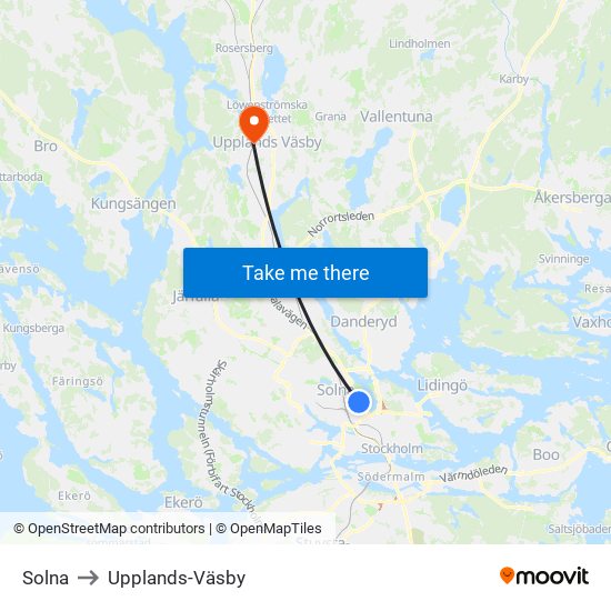 Solna to Upplands-Väsby map
