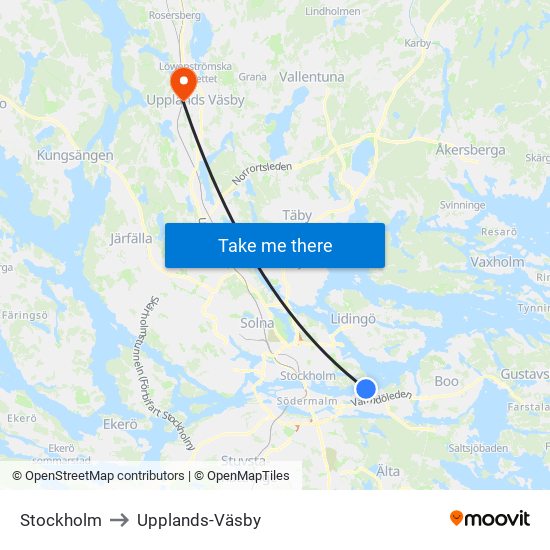Stockholm to Upplands-Väsby map