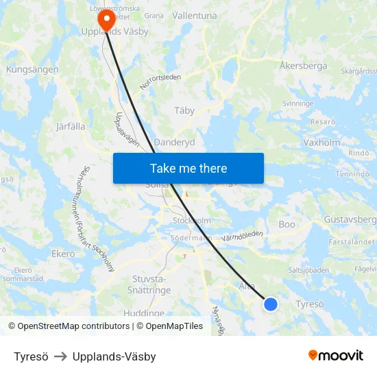 Tyresö to Upplands-Väsby map