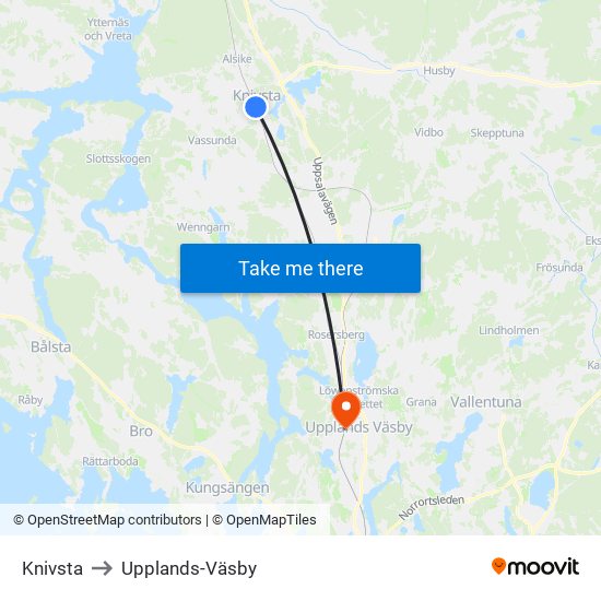 Knivsta to Upplands-Väsby map