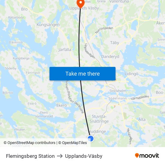 Flemingsberg Station to Upplands-Väsby map