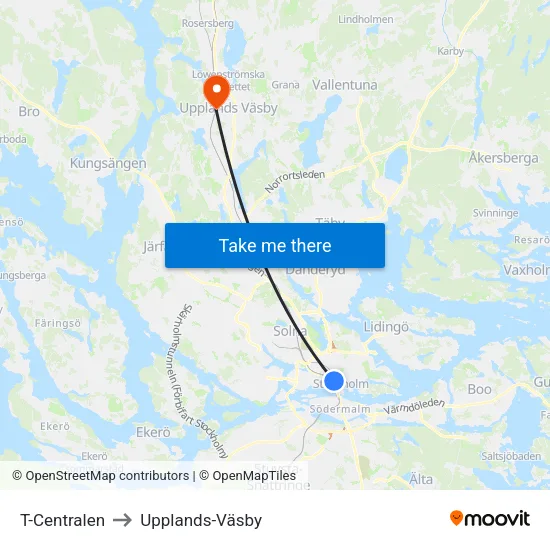 T-Centralen to Upplands-Väsby map