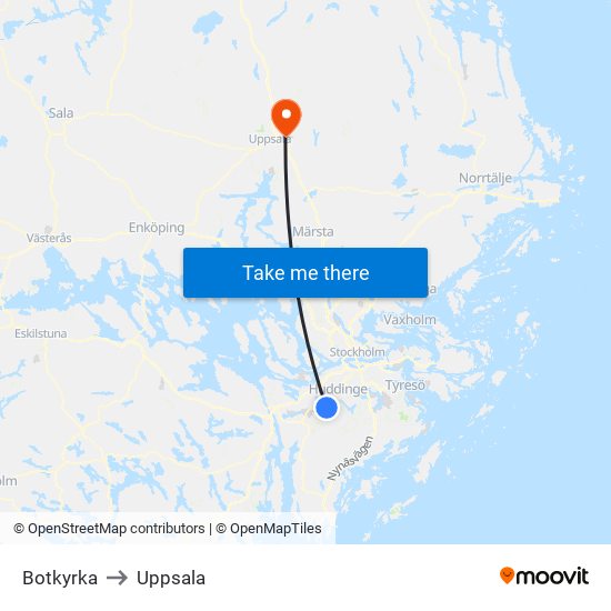 Botkyrka to Uppsala map