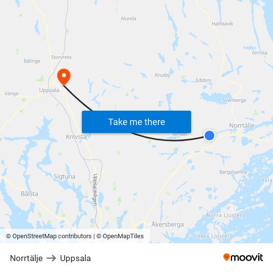 Norrtälje to Uppsala map