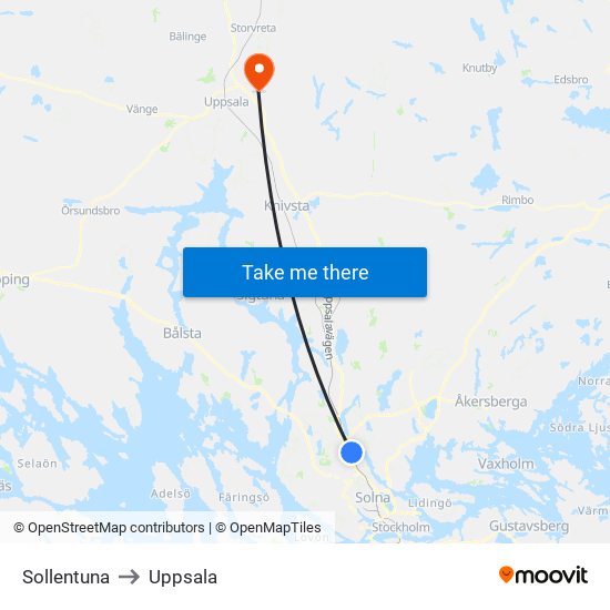 Sollentuna to Uppsala map