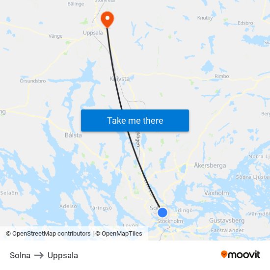 Solna to Uppsala map