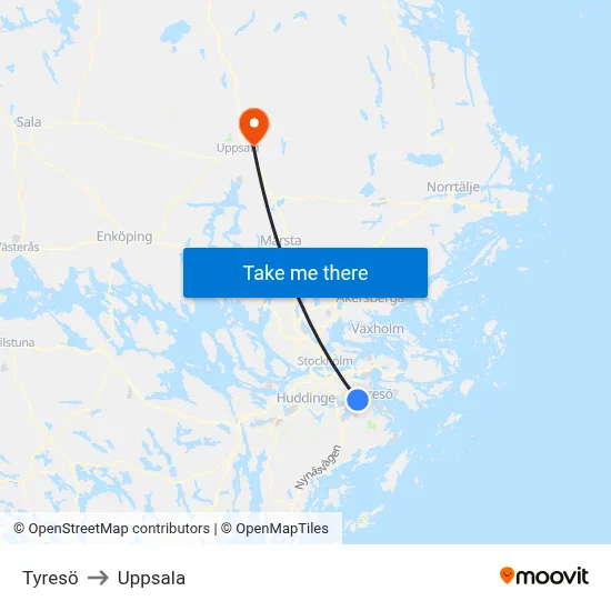 Tyresö to Uppsala map