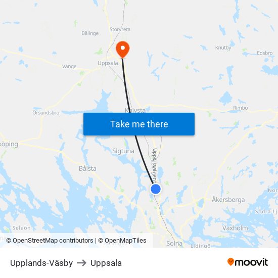 Upplands-Väsby to Uppsala map