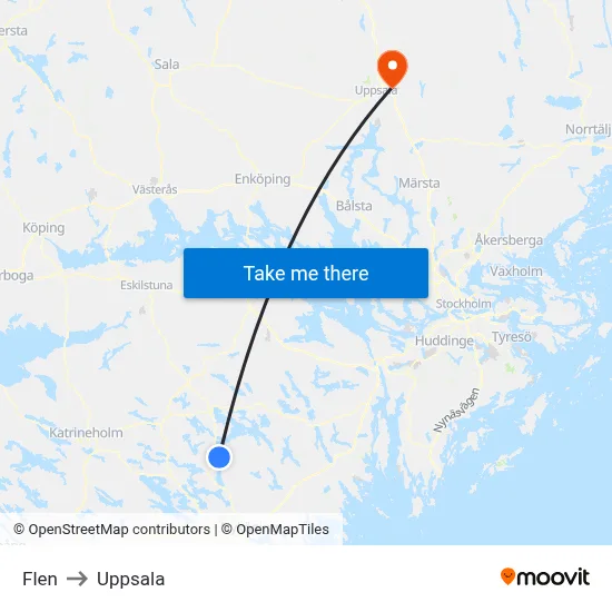 Flen to Uppsala map