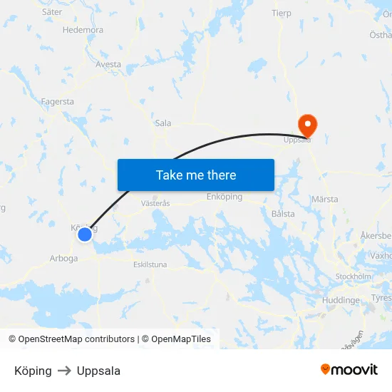 Köping to Uppsala map
