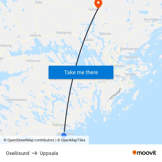 Oxelösund to Uppsala map