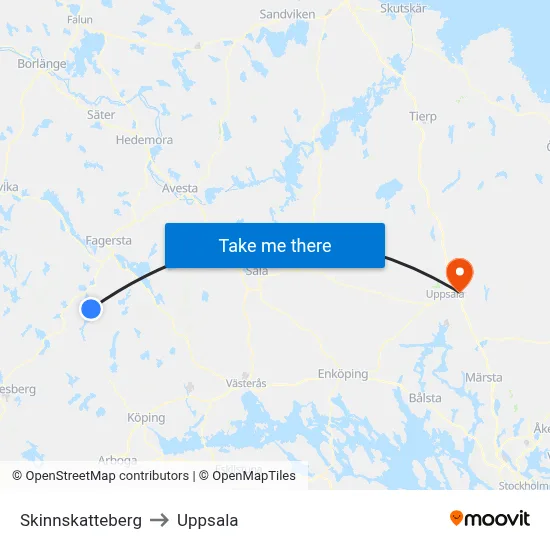 Skinnskatteberg to Uppsala map