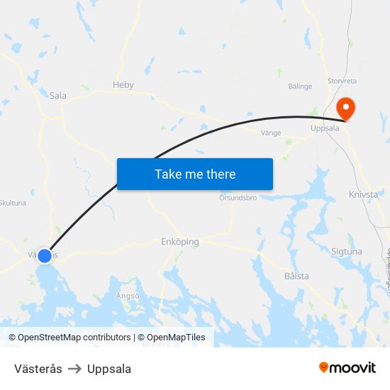 Västerås to Uppsala map