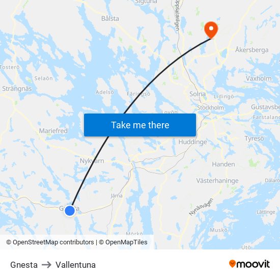 Gnesta to Vallentuna map
