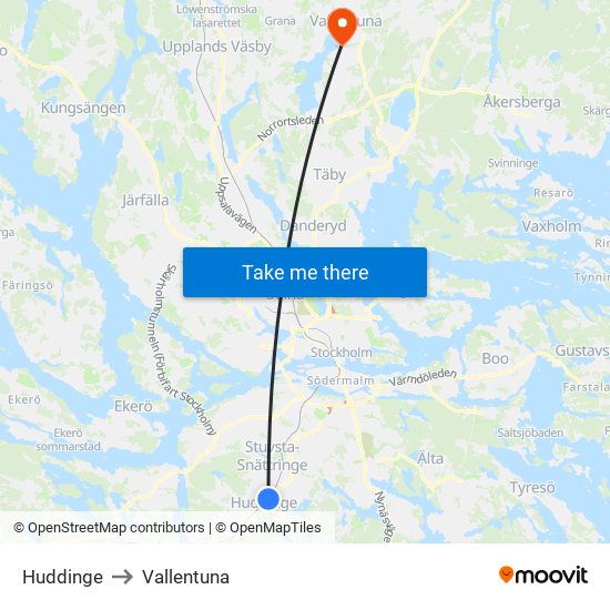 Huddinge to Vallentuna map