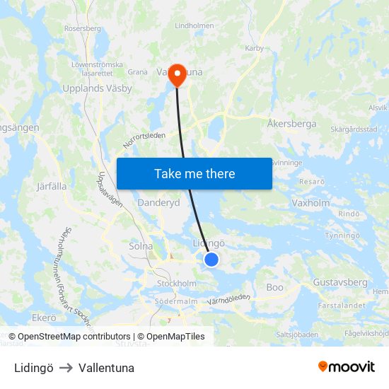 Lidingö to Vallentuna map