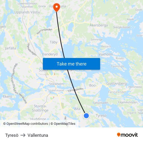 Tyresö to Vallentuna map