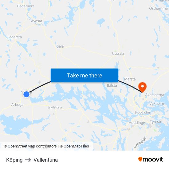 Köping to Vallentuna map