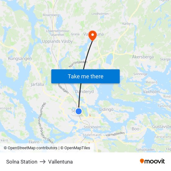 Solna Station to Vallentuna map