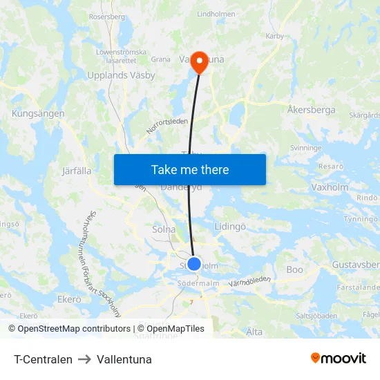 T-Centralen to Vallentuna map