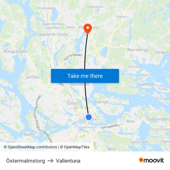 Östermalmstorg to Vallentuna map