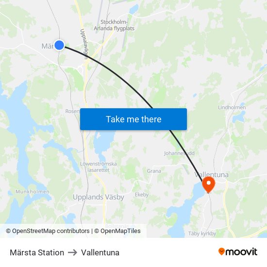 Märsta Station to Vallentuna map