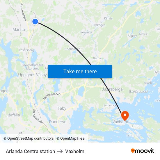 Arlanda Centralstation to Vaxholm map