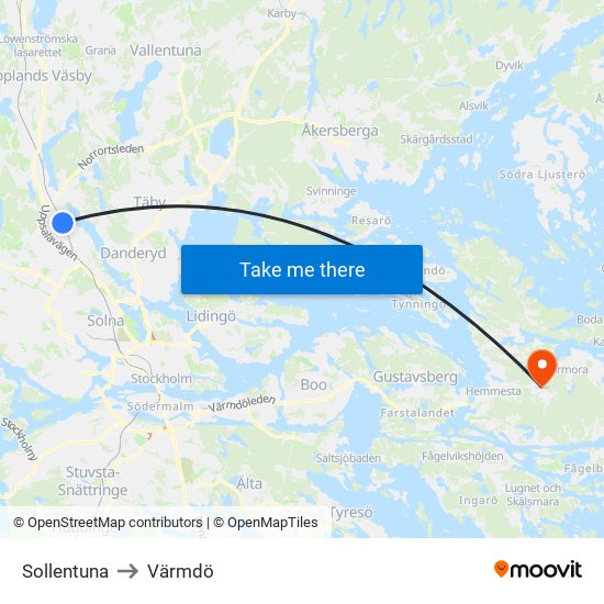 Sollentuna to Värmdö map