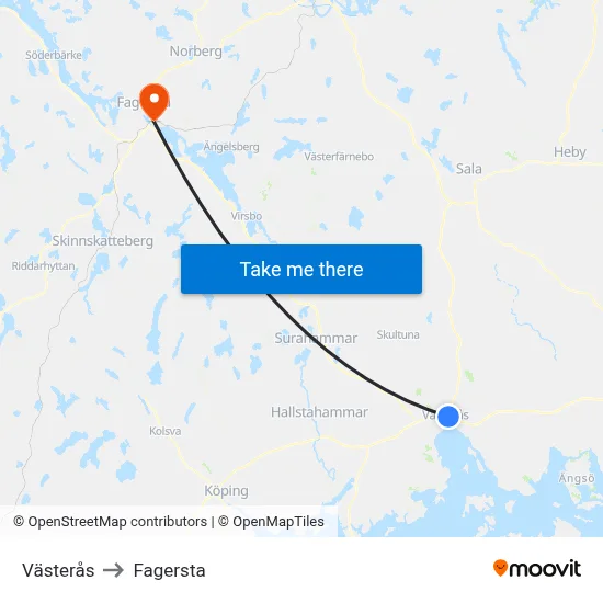 Västerås to Fagersta map