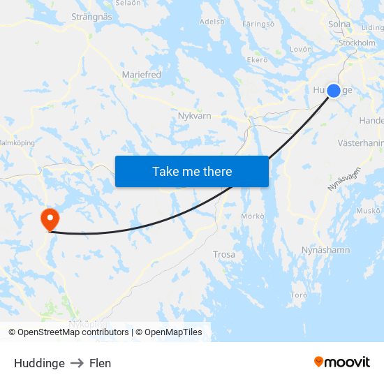 Huddinge to Flen map