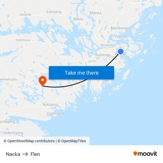 Nacka to Flen map