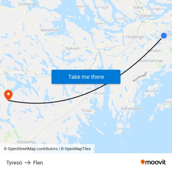 Tyresö to Flen map