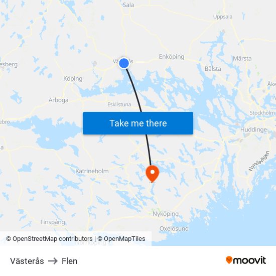 Västerås to Flen map