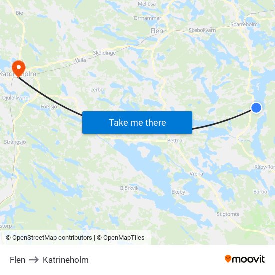 Flen to Katrineholm map