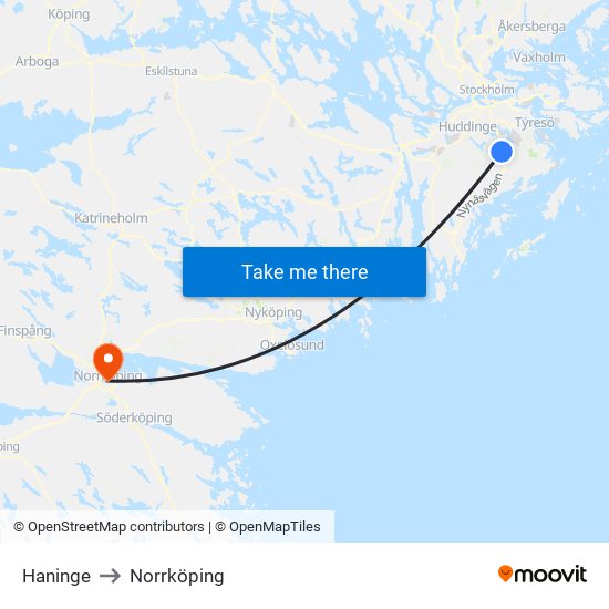 Haninge to Norrköping map