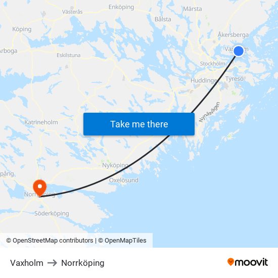 Vaxholm to Norrköping map